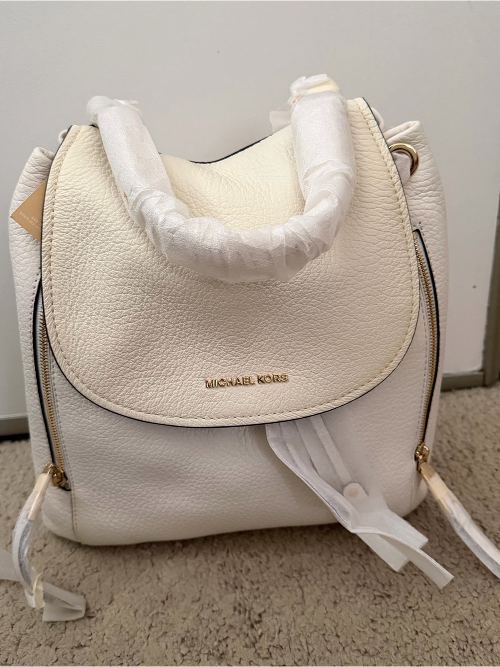 Michael Kors Cream Pebbled Leather Backpack with Gold Hardware